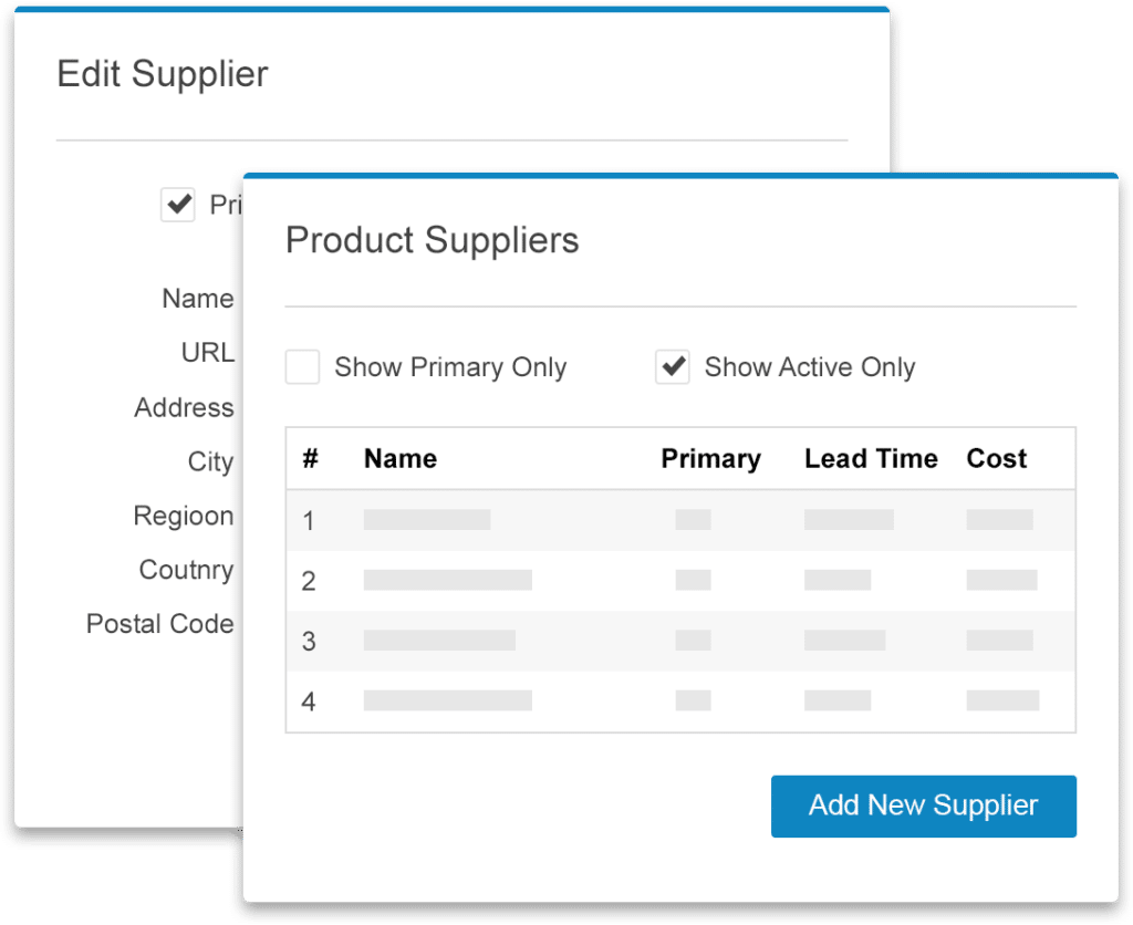 SkuVault App Visual - Edit Suppliers, Product Suppliers Screens